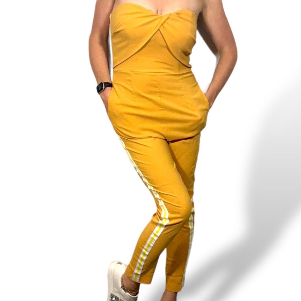 NWT UNIQ Mustard Yellow Strapless Ankle Lenght Jumpsuit Romper w/Side Stripes